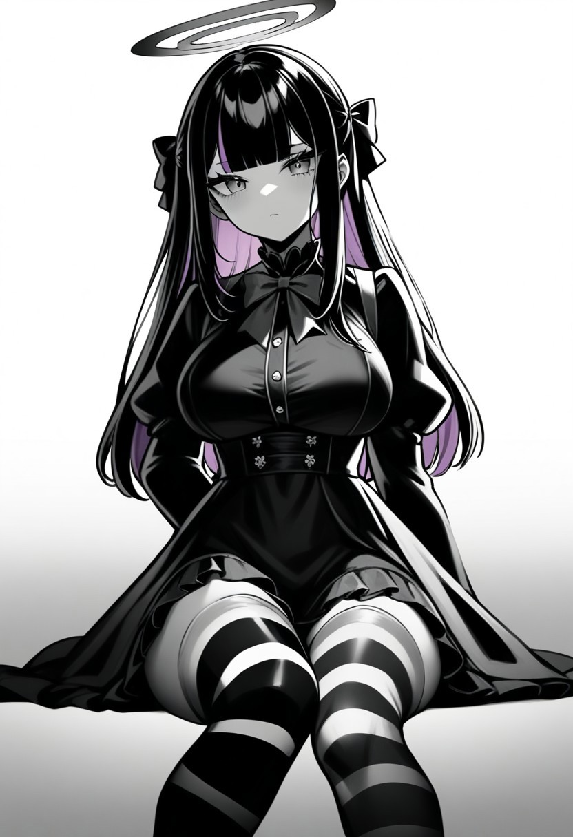(masterpiece), (best quality), (ultra-detailed),
1girl, solo, long hair, breasts, looking at viewer, bangs, large breasts, shirt, black hair, thighhighs, long sleeves, dress, bow, ribbon, sitting, closed mouth, pink hair, purple hair, hair bow, multicolored hair, frills, wings, striped, puffy sleeves, artist name, blunt bangs, black dress, two-tone hair, torn clothes, halo, blue bow, juliet sleeves, striped thighhighs, colored inner hair
shadow,monochrome