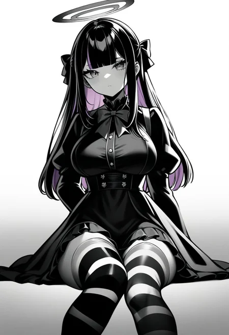 (masterpiece), (best quality), (ultra-detailed),
1girl, solo, long hair, breasts, looking at viewer, bangs, large breasts, shirt, black hair, thighhighs, long sleeves, dress, bow, ribbon, sitting, closed mouth, pink hair, purple hair, hair bow, multicolored hair, frills, wings, striped, puffy sleeves, artist name, blunt bangs, black dress, two-tone hair, torn clothes, halo, blue bow, juliet sleeves, striped thighhighs, colored inner hair
shadow,monochrome