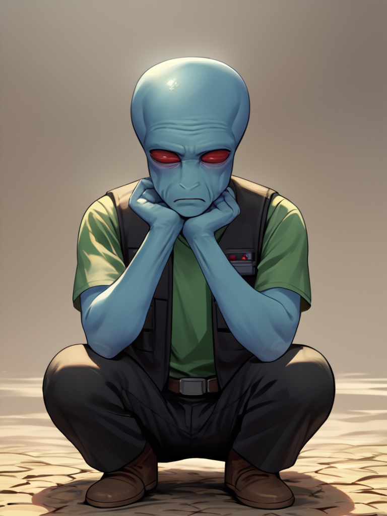 score_7_up, score_8_up, score_9, masterpiece, (1boy, solo,)perfect face, perfect hands, high quality, source_anime, cowboy shot, <lora:Duros_-_Star_Wars:1> duros, 1boy, colored skin, alien, red eyes, blue skin, bald, squatting, black vest, green undershirt, black pants, utility belt,