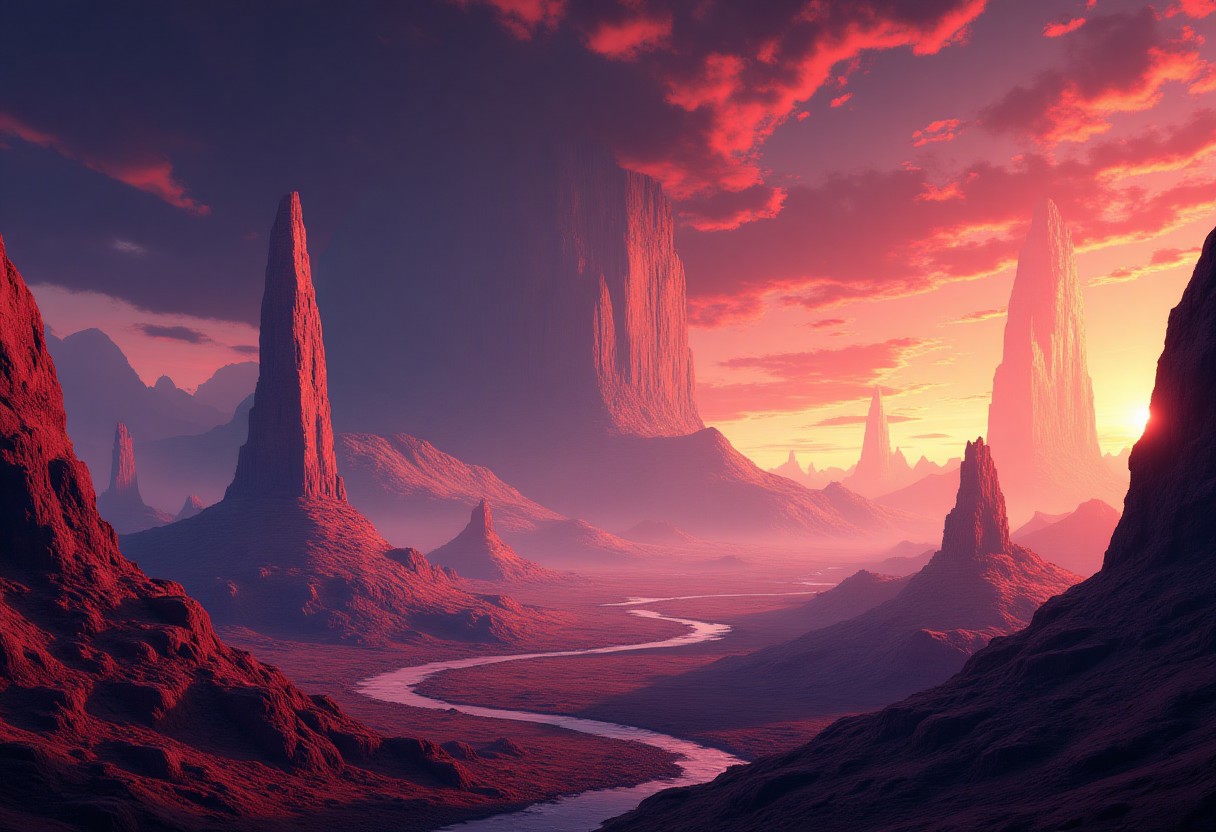 Alien planet landscape by Alena Aenami, Christopher Balaskas, Noah Bradley, Kilian Eng, Beeple, Hyperdetailed, concept art, cinematic composition.