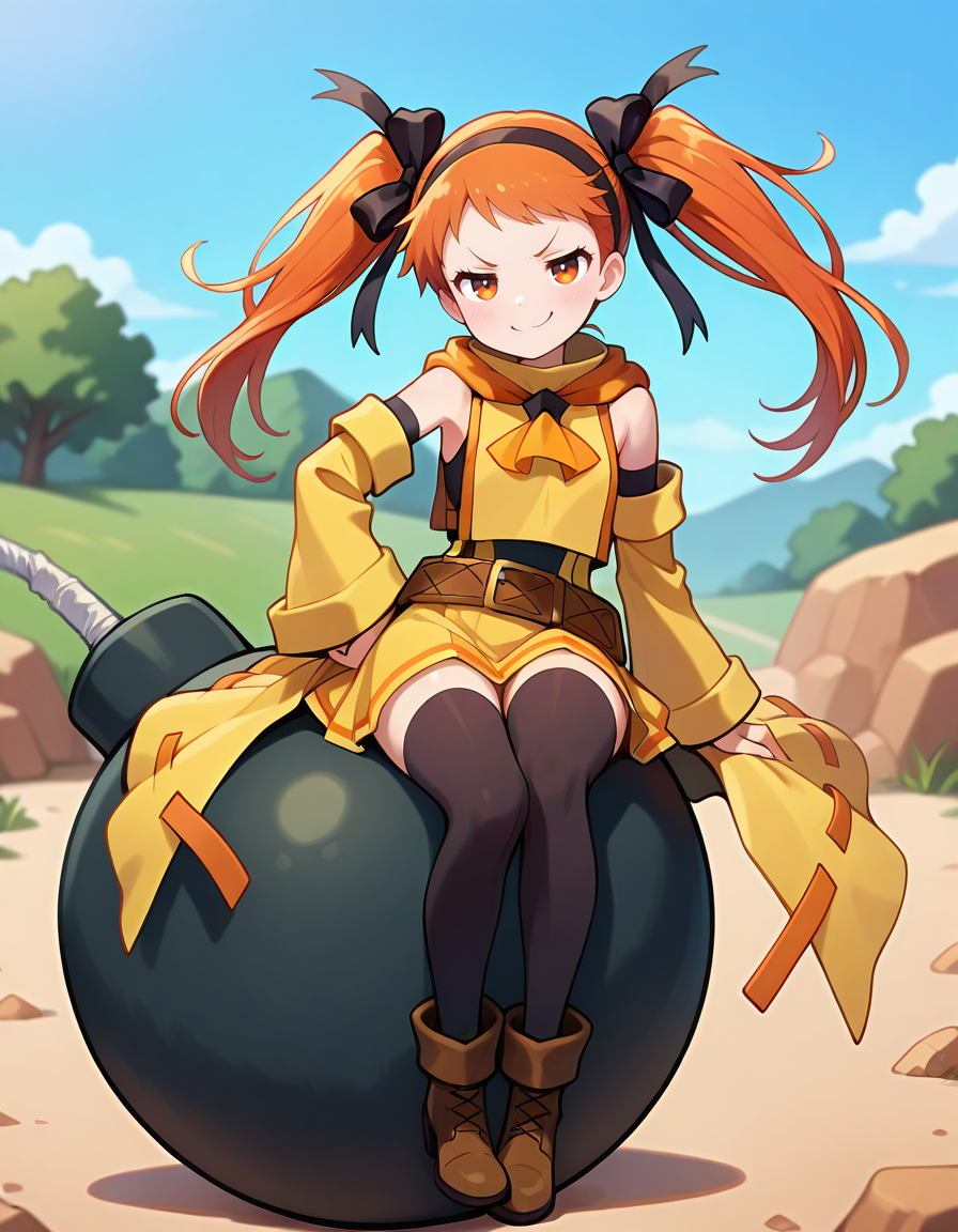 <lora:DHERivieralyuri_SDXL_Illustrious01_fp16_ver02:1>,DHERivieralyuri, 1girl, twintails, orange eyes, orange hair, hairband, hair ribbon, detached sleeves, dress,skirt, belt, black thighhighs, ankle boots,bomb,smug, masterpiece, best quality, very aesthetic, absurdres,<lora:detailed_hands:1>,hand