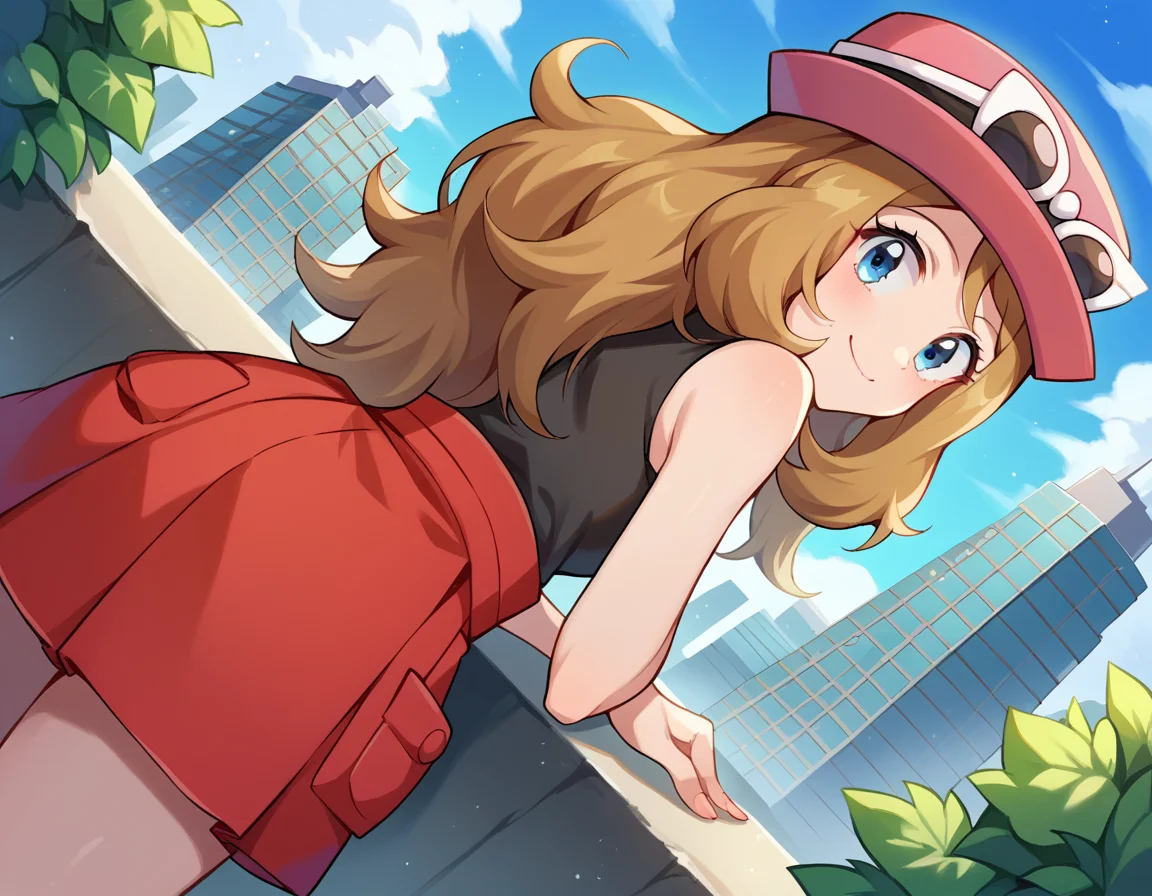 score_9, score_8_up, score_7_up, source_anime,
pokemonserena, <lora:pokemon-serena-ponyxl-lora-nochekaiser:1>
serena, long hair, blue eyes, brown hair, smile,
eyewear on head, hat, skirt, sunglasses, shirt, black shirt, sleeveless, red skirt, pink hat,
outdoors, cityscape, bent over,
looking at viewer, cowboy shot, dutch angle,