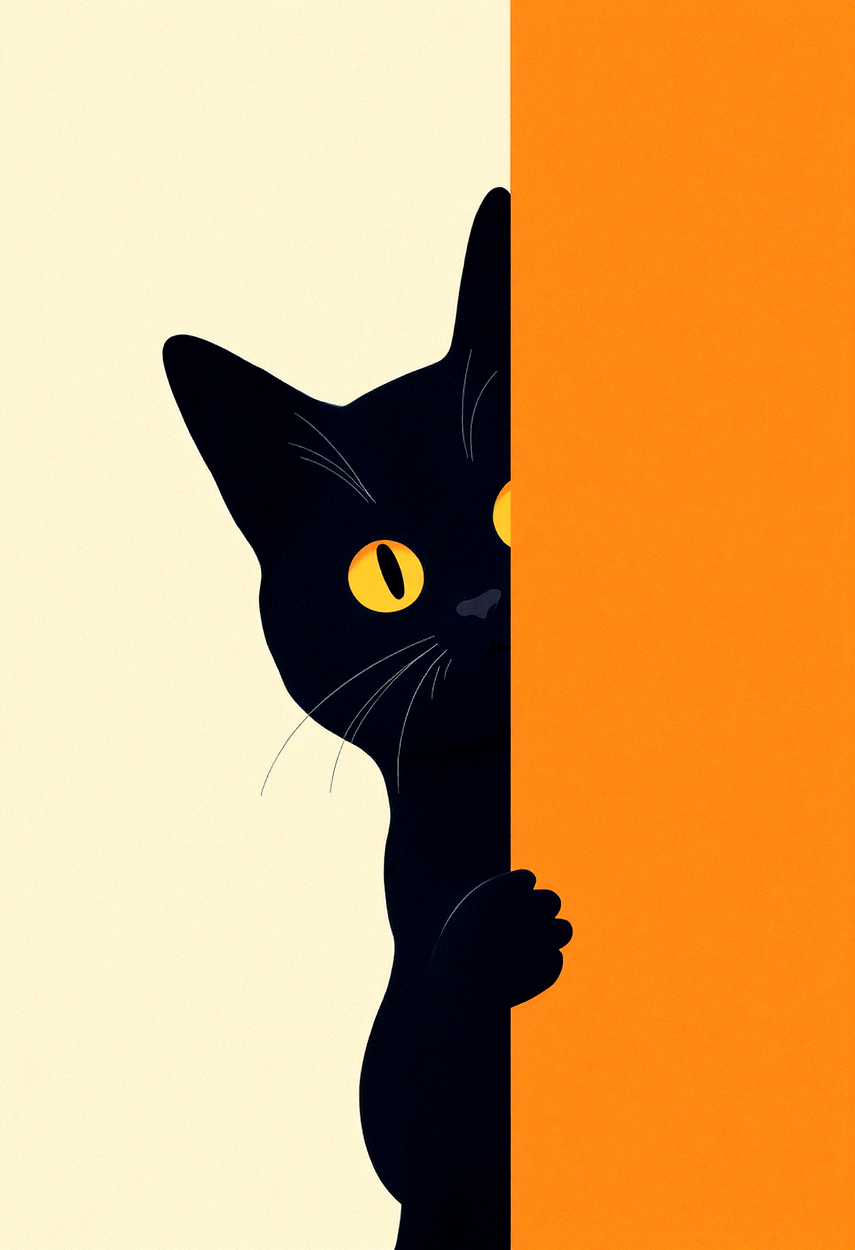 A close-up minimalist illustration of a black cat with striking yellow-orange eyes peeking from behind an orange wall. The artwork features smooth, clean lines and a subtle texture, emphasizing the cat's playful expression. The creamy beige background complements the orange accent, creating a harmonious and modern aesthetic.