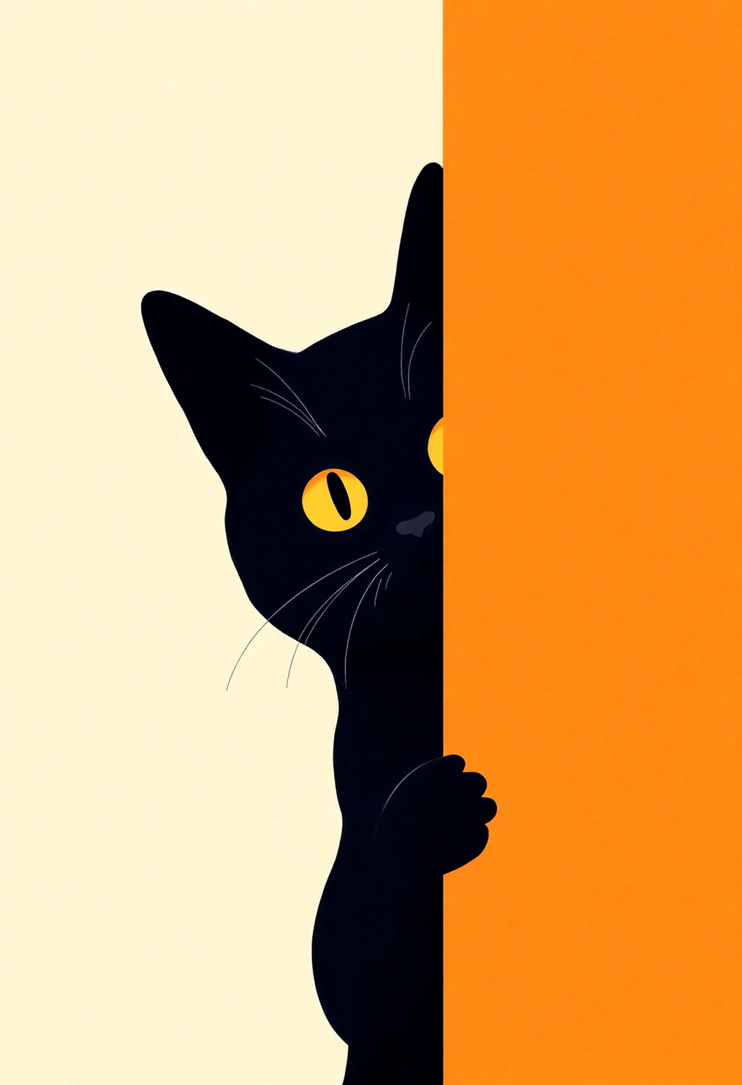A close-up minimalist illustration of a black cat with striking yellow-orange eyes peeking from behind an orange wall. The artwork features smooth, clean lines and a subtle texture, emphasizing the cat's playful expression. The creamy beige background complements the orange accent, creating a harmonious and modern aesthetic.