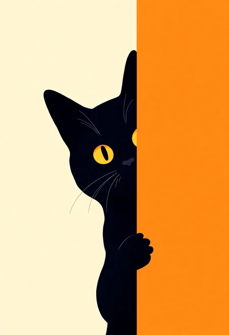 A close-up minimalist illustration of a black cat with striking yellow-orange eyes peeking from behind an orange wall. The artwork features smooth, clean lines and a subtle texture, emphasizing the cat's playful expression. The creamy beige background complements the orange accent, creating a harmonious and modern aesthetic.