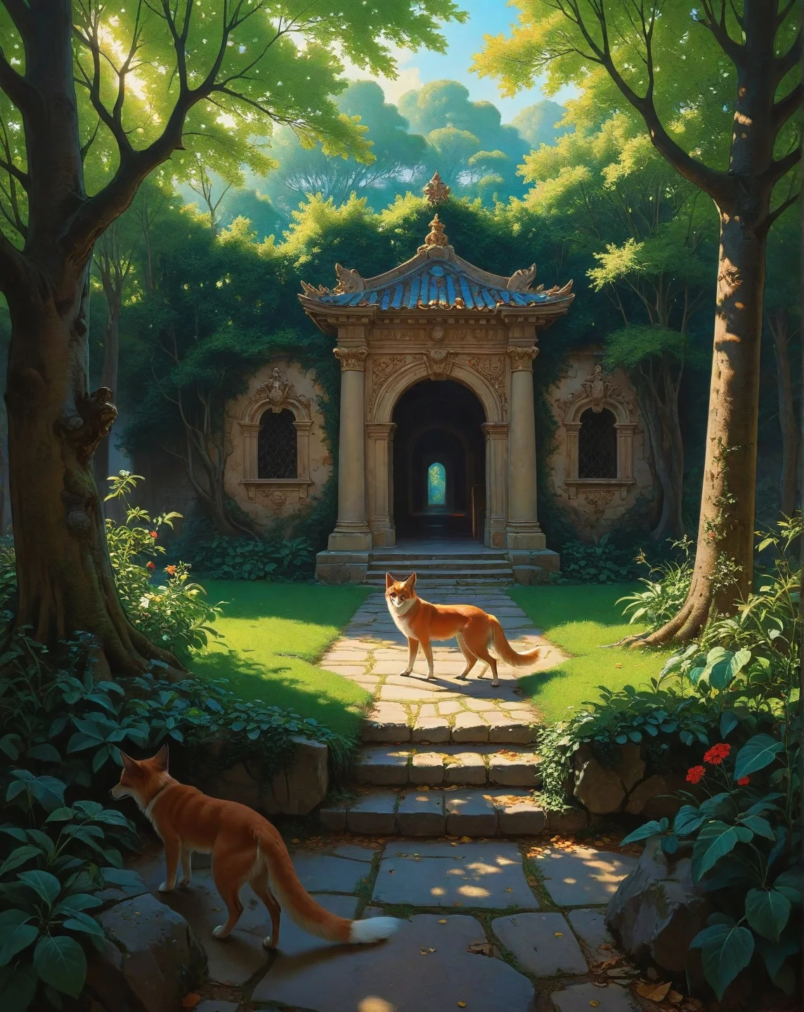 Renaissance style, Baroque, anime artwork Frederic Edwin Church (luminism), Beech hedge maze with gravel paths, nightingale song in thicket, roman bathhouse hypocaust,red fox teaching cubs.,
<lora:Wild_Anime_2025:0.7>,
<lora:风格:0.7> style10,
<lora:extremely_detailed:0.7> extremely detailed ,
<lora:aidmaImageUpgraderSDXL-v0.3:0.5> aidmaImageUpgrader,
<lora:add-detail-xl:0.7>,
<lora:HyperdetailedColoredPencilIl:0.3> ArsMJStyle, Colored pencil hyperdetailed realism, . anime style, key visual, vibrant, studio anime, highly detailed, Fantasy painting art style, imaginative, dynamic composition, professional-grade execution, creates immersive world and landscape, painterly, epic, magical, dramatic, exuberant, grandeur, baroque art, oil painting art style from Renaissance period, masterful composition, Renaissance mood, renaissance oil painting, brush strokes, Realistic, perspective, light and shadow, religious or mythological themes, highly detailed