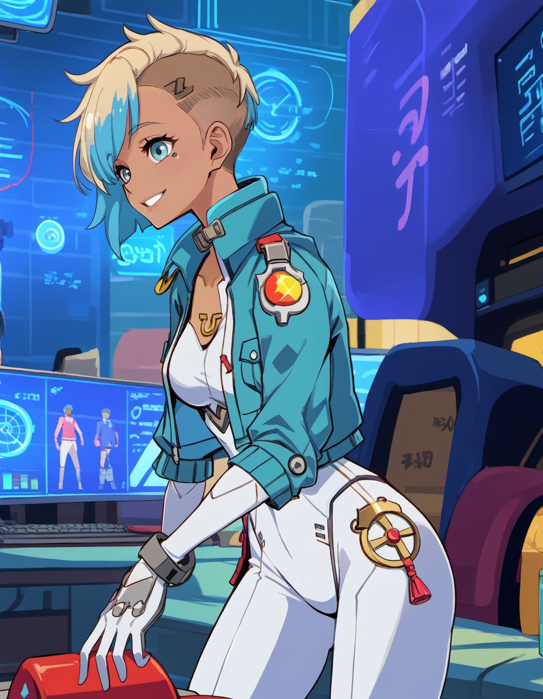 score_9, score_8_up, score_7_up, hadrian,
<lora:Valbyxl:0.8> Valbyxl, teal cropped jacket,white bodysuit,short hair,brown hair,smile, smile,looking at viewer, 
<lora:peppermint:0.7>  peppermint, dark skin, pixie cut, dark-skinned female, blonde hair, blue eyes, multi colored hair, blue hair, side buzz cut, 
<lora:owstylenewv5v3:0.5>,
<lora:Unlight:0.5> Unlight,
<lora:Pony_DetailV1.0:1.5>