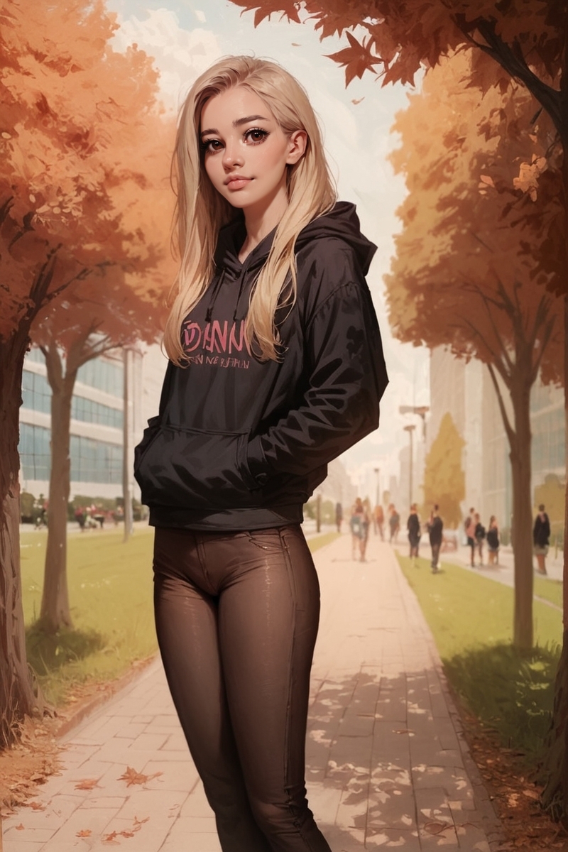 score_9, score_8_up, score_7_up, source_cartoon, <loraNastyPONYv6:0.8>, (sketch:0.7), realistic, (1 sweet girl:1.1), (tiny body girl:1.2), black hoodie, tight_pants, (cute face:0.8), park, in autumn, (cityscape:0.7), (Cinematic Lighting:1.1), long hair, (blonde), brown eyes, <lora:GTHAN:0.3>, <lora:Concept Art 2 Style LoRA_Pony XL v6:0.3>,