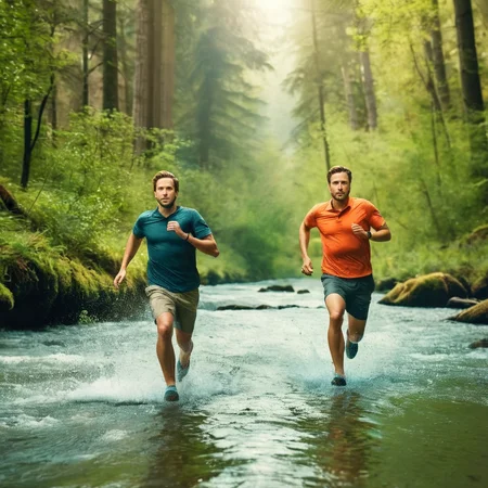 Advertising poster style, <lora:Advertising:1.5>
A creative photo of two people running through a river in the woods advertising style, Professional, modern, product-focused, commercial, eye-catching, highly detailed