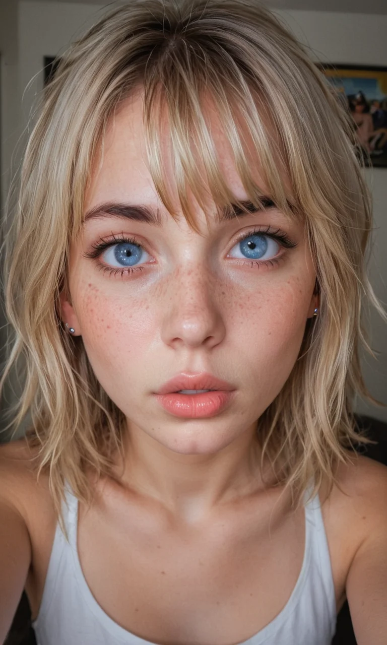 4k selfie with a surprised "o"-expression, deep focus, split-diopter lens. close-up, focus on her eyes. cluttered bedroom, posters on walls, ring lighting. long shaggy blonde (bangs between eyes, dark blue eyes, freckles, blush, natural lips, natural eyes, messy hair, black eyebrows, pierced eybrow) taking a selfie, bent forward, mirror behind in distance, her back can be seen (reflection)