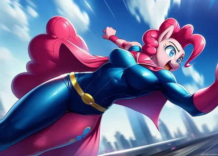 ((derpibooru_p_95)), solo, anthro, pinkie pie, superhero, bodysuit, cape, superhero movie action scene