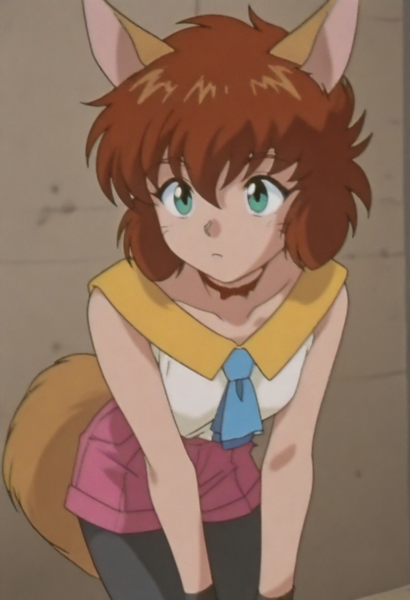 masterpiece, best quality, amazing quality,,, shiny skin,,,,,,,,<lora:koto_ilxl_v1.0:1>,koto,brown hair,green eyes,whiskers,fang out, k_clothes,yellow collar,red ribbon choker,white sleeveless shirt,blue necktie,pink shorts,fox tail,black_pantyhose,k_m,