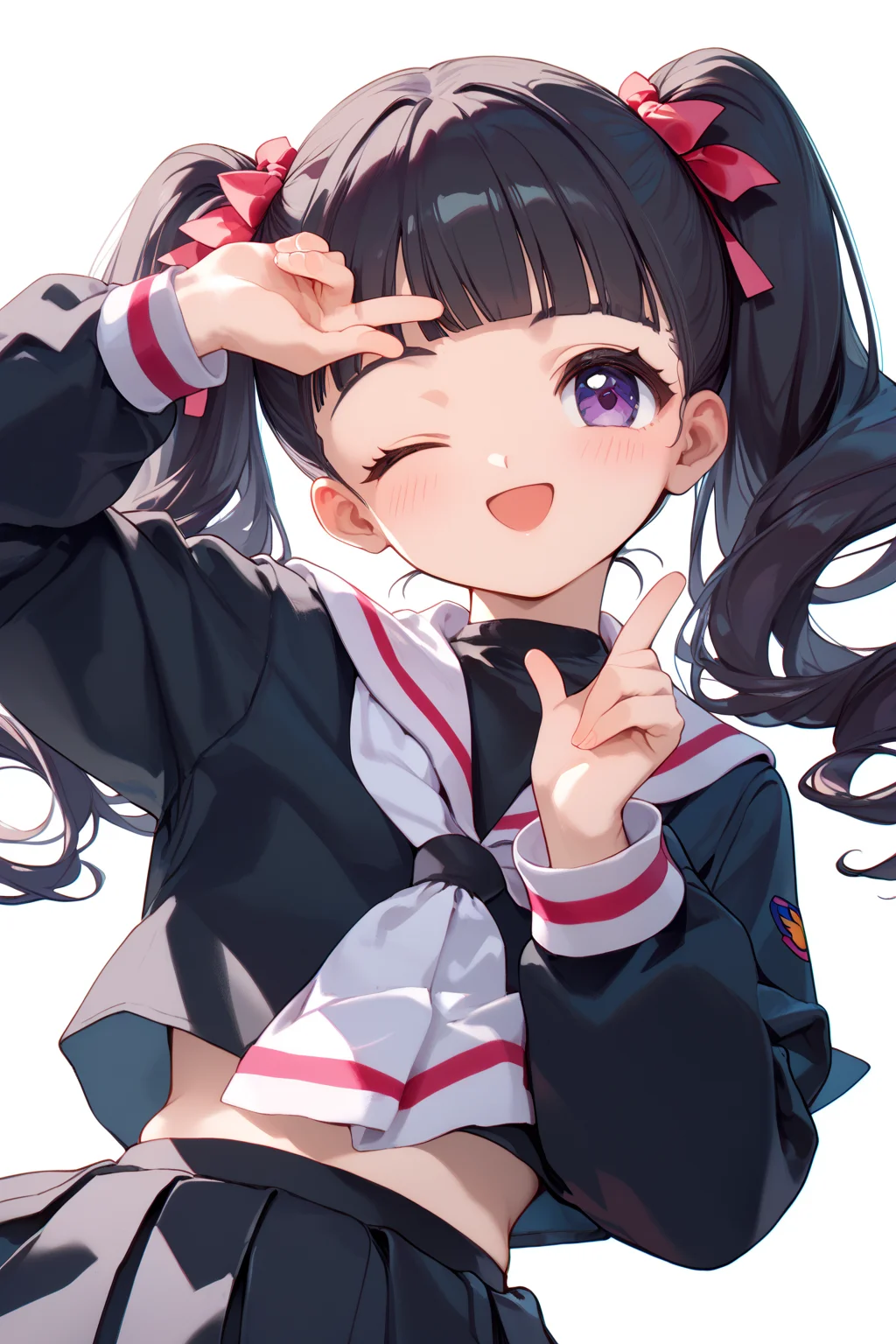 score_9, score_8_up, score_7_up, source_anime,
simple background,
cowboy shot,
sitting, holding twintails, wink, blush, open smile,
<lora:tomoyo_autismConfetti_v01:1>
black hair, blunt bangs, long hair, purple eyes, twintails,
tomoeda elementary school uniform, black shirt, sailor collar, school uniform, white sailor collar, long sleeves, white pleated skirt,, zPDXL