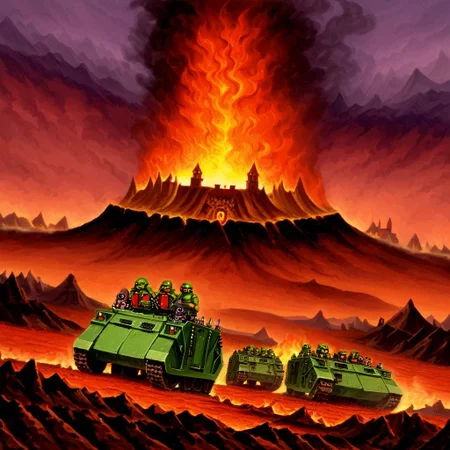 lizard people driving a green tank in a lava field, rhnoapc, military vehicle, ground vehicle, volcano, fire, magma, hot, steam, smoke, castle in background, 1980s fantasy art