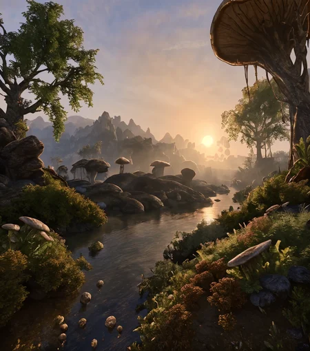 RAW photo, (masterpiece:1.3), subsurface scattering, heavy shadow, (high quality:1.4), (intricate, high detail:1.2), professional photography, HDR, High Dynamic Range, realistic, ultra realistic, photorealistic, high resolution, film photography, ambient lighting, atmospheric effects, <lora:detail_slider_v4:2>, OverallDetail, <lora:Morrowind:1>, day, landscape, morrowind, mountain, mushroom, nature, no humans, outdoors, river, scenery, sky, sun, tree, epiCPhoto