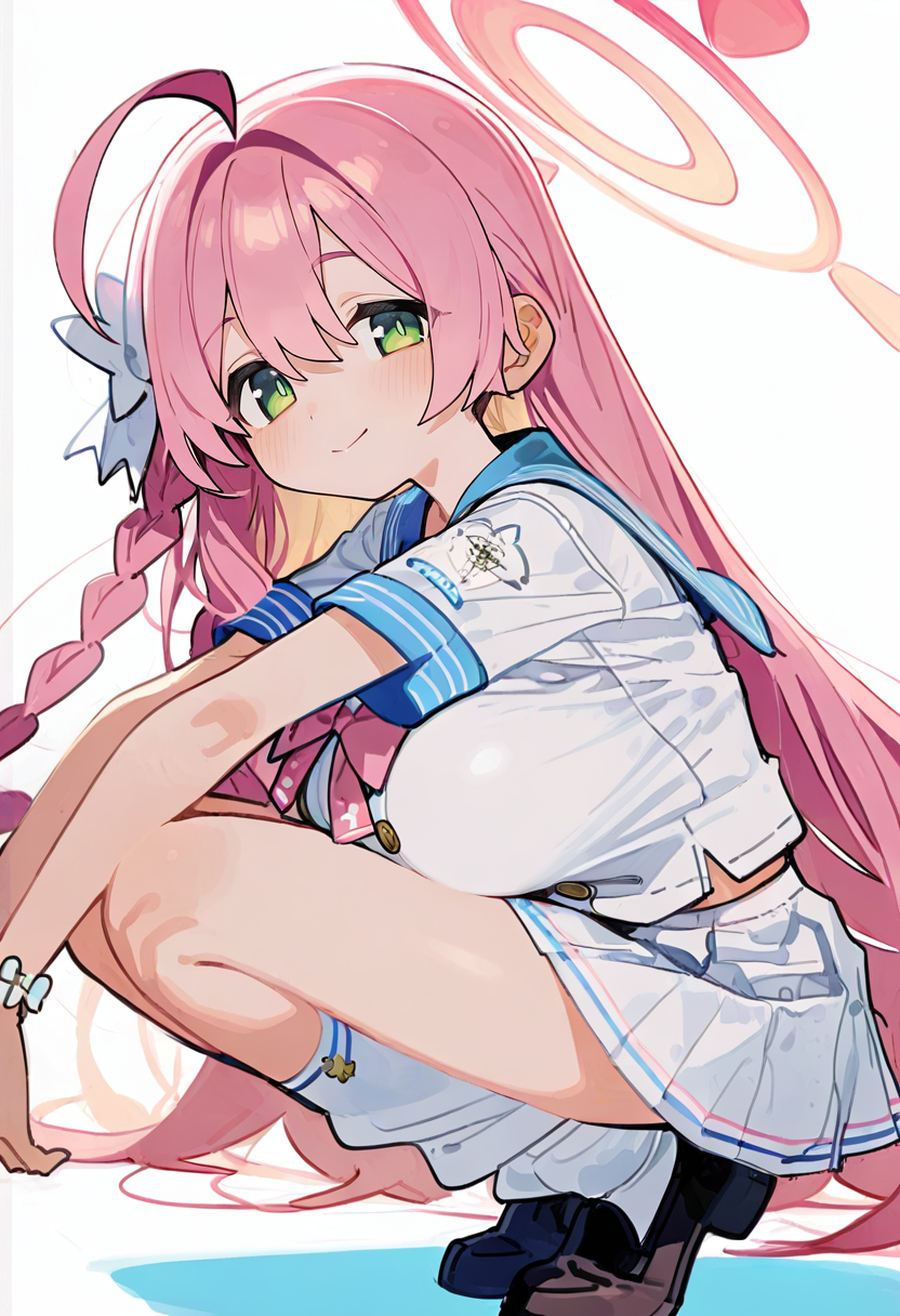 1girl, solo, halo, green eyes, long hair, pink hair, skirt, breasts, squatting, smile, braid, looking at viewer, ahoge, white background, white skirt, large breasts, simple background, school uniform, pleated skirt, short sleeves, sailor collar, blush, socks, serafuku, bow, hair bow, blue sailor collar, from side, bangs, white bow, shoes, closed mouth, hair between eyes, white shirt, shirt, white socks, very long hair <lora:n_XL_NBVP1_lokr_V6311P:0.95>