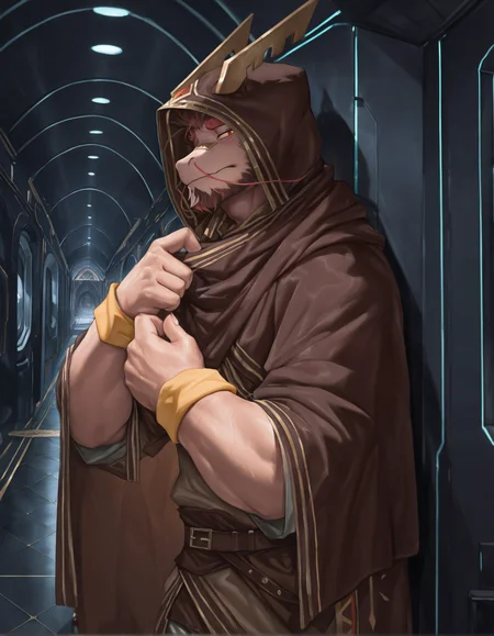 lindong,
tarjumdad, eastern dragon, furred dragon, anthro, solo, mature male,
yellow wristband, brown cape attire, hood up, adjusting clothes, half-closed eyes,
inside, spaceship interior, corridor, against wall, looking at viewer, looking aside, dark theme,
<lora:Tarjumdad_1.3:1>