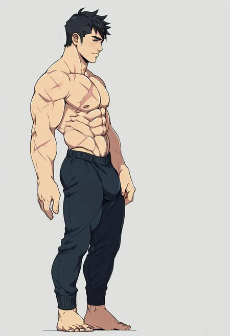 score_9, score_8_up, score_7_up, score_6_up, score_5_up, score_4_up,1BOY,MALE FOCUS,SOLO,MUSCULAR,MUSCULAR MALE,PECTORALS,ABS,SCAR,BLACK HAIR,ANIBODY,FULL BODY,BESIDE