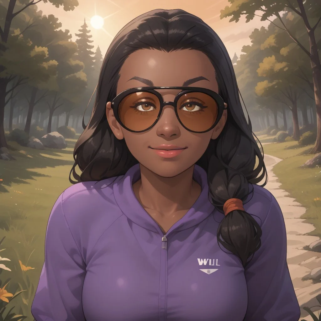 score_9, score_8, BREAK, solo, wii, mii, wii sports, female mii, 1girl, black hair, black eyebrows, black skin, brown eyes, sunglasses, lips, purple clothing, white pants, shoes, nintendo mii, modern_mii, classic_mii, breasts, Jackie_(Wii_Sports), sexy pose, smile, outdoors, sunlight, shadows, evening lighting, natural lighting, forest, trees, grass, orange sky, sunset