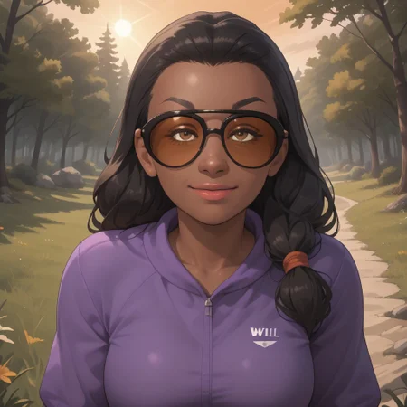 score_9, score_8, BREAK, solo, wii, mii, wii sports, female mii, 1girl, black hair, black eyebrows, black skin, brown eyes, sunglasses, lips, purple clothing, white pants, shoes, nintendo mii, modern_mii, classic_mii, breasts, Jackie_(Wii_Sports), sexy pose, smile, outdoors, sunlight, shadows, evening lighting, natural lighting, forest, trees, grass, orange sky, sunset