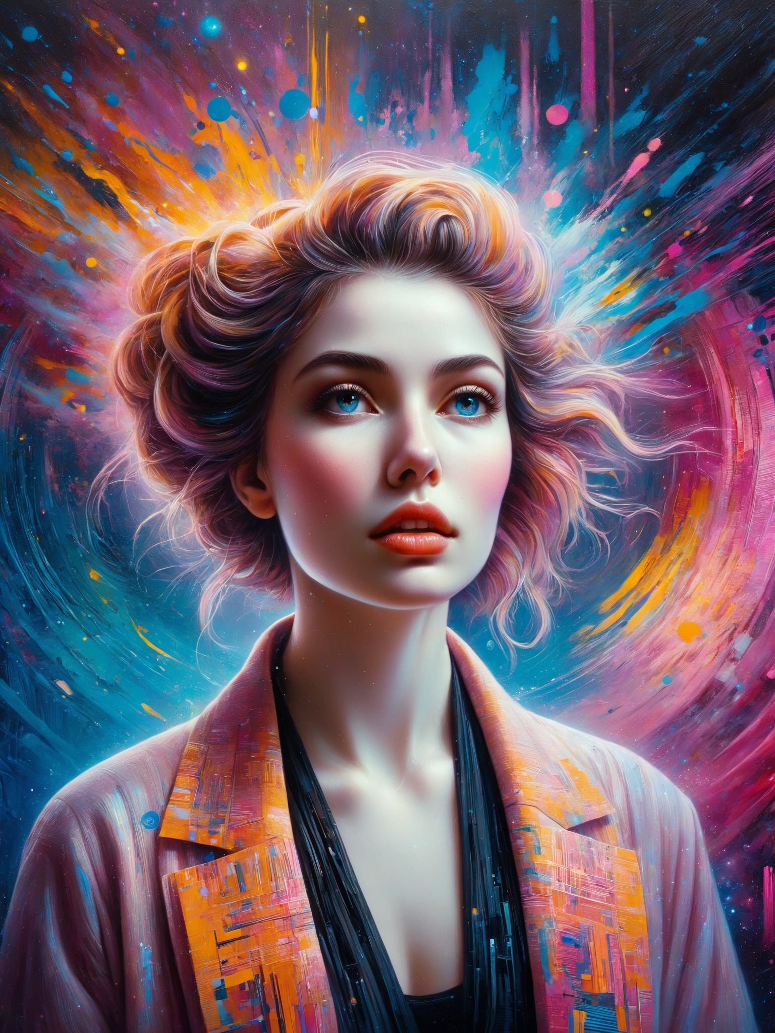 Oil on canvas, the muse of digital generative art, divine supernatural being, otherworldly beauty, equanimous, in the background there is an abstract motif of digital code and glitch aesthetic, she manifests from the void of diffusion, infused with photonic energy, thick textured paint, neat brushwork, intricately detailed, true masterpiece, 8k, hdr, vibrant neon colors fused with pastel tones, minimalist, 80s vibe, painterly quality
 <lora:grainy-v1:0.9>