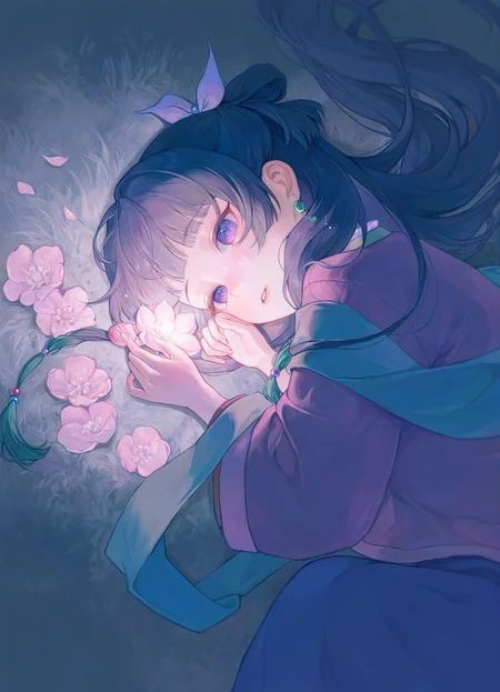 very awa,  (pastel colors:0.7), (opossumachine:0.7), (maccha \mochancc\:0.6),  1girl, maomao \(kusuriya no hitorigoto\), kusuriya no hitorigoto, lying,  flower, backlighting, glowing, from above,   masterpiece, [best quality:0.15], newest, absurdres, very aesthetic, best quality, year 2024, newest,