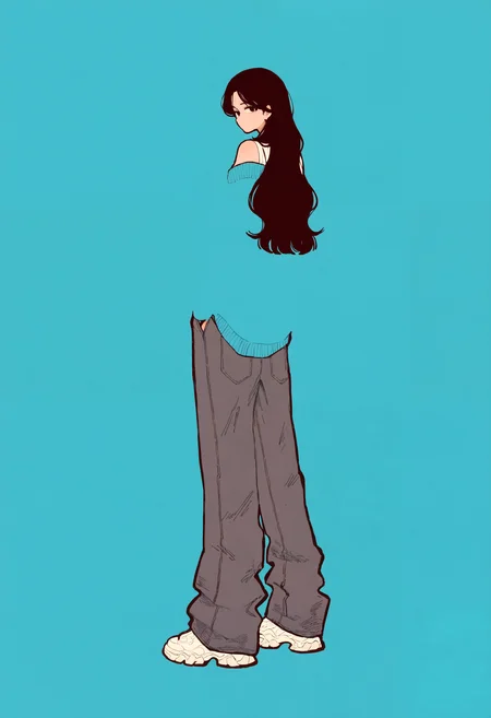 masterpiece, highres, absurdres, newest, very awa, simple background, minimalism, blending, 1girl, solo, long hair, pants, black hair, white shirt, looking back, shirt, looking at viewer, full body, standing, from behind, simple background, shoes, white footwear, blue sweater, off-shoulder sweater, blue background, <lora:spo_sdxl_10ep_4k-data_lora_webui>, <lora:NOOB_EPSv1_1_detailer_by_vlnvk_v1_0>, <lora:noobai_ep11_stabilizer_v0.30_fp16>,