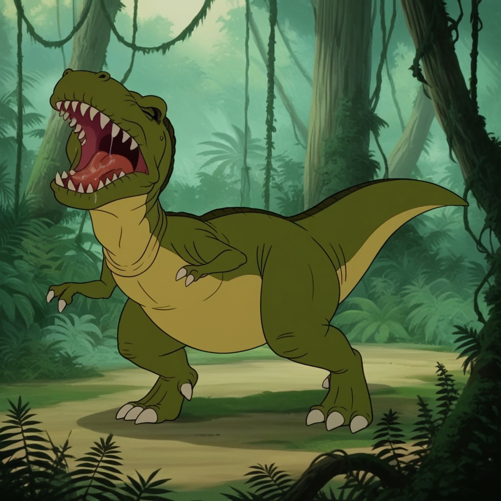 score_9, score_8_up, score_7_up, score_6_up, score_5_up, score_4_up, source_furry, mamarexlbt, feral, female, Tyrannosaurus, dinosaur, green skin, closed eyes, jungle, standing, mouth open, roaring, spittle, saliva,
