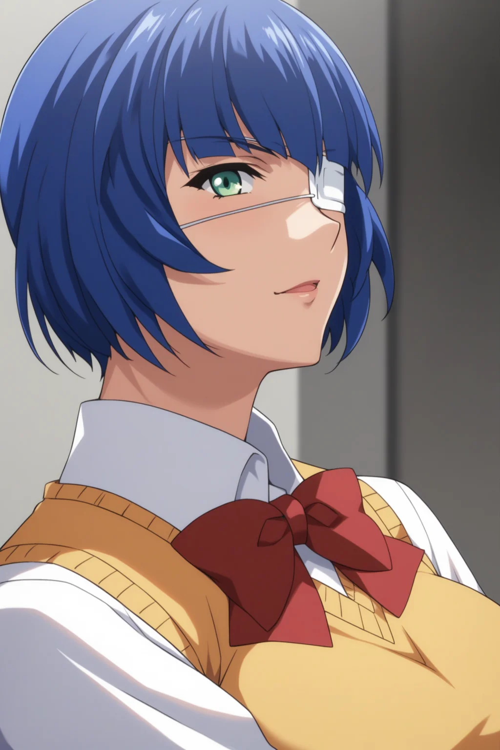 score_9, score_8_up, score_7_up, score_6_up, score_5_up, source_anime, rating_safe, medium breasts, indoors, 1girl, solo, looking at viewer, <lora:age_slider_v4:3>, (upper body:1.2), (dynamic pose:1.2), ryomou shimei, blue hair, short hair, green eyes, eyepatch, Ryomouschool, short sleeves, white shirt, collared shirt, red bowtie, yellow sweater vest, blue gloves, red skirt, pleated skirt, blue kneehighs, striped socks, black boots, <lora:Shimei_Ryomou:0.8>