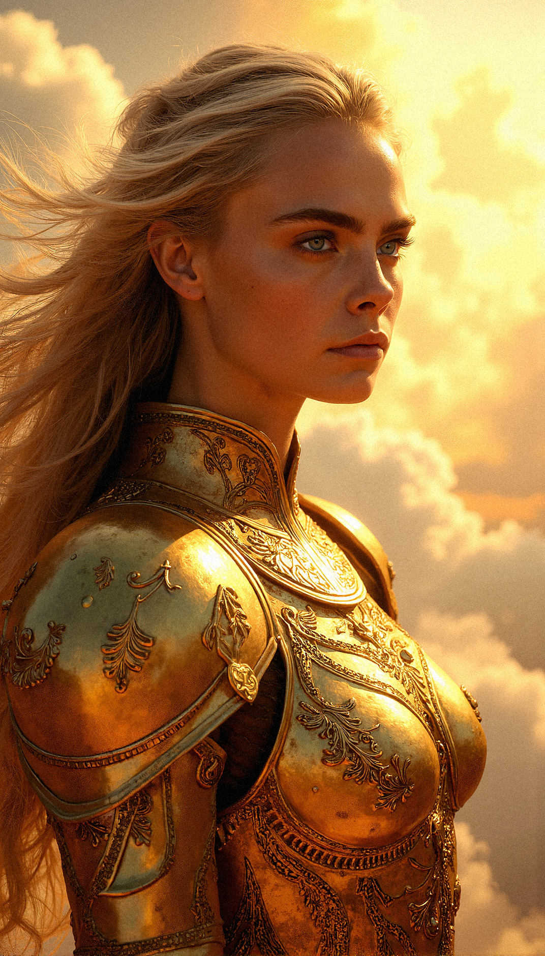 a close-up of a beautiful blue eyed blonde warrior clad in golden armor, standing against a sky ablaze with golden light and dramatic clouds. Her armor is detailed with intricate engravings of leaves and mythical symbols, each piece catching the light as if infused with magic. Her face is calm, framed by flowing hair that mirrors the fiery hues of the sky. The clouds above are vast and dense, their edges glowing as sunlight breaks through, casting an ethereal glow over her features. The blend of her golden armor with the radiant sky creates a vision of a celestial being, standing at the edge of a divine realm. Every detail is brought to life in photorealistic clarity, from the textures of her armor to the soft warmth of the light against her skin.With a slight frown, her face turned toward the dramatic clouds, her armor reflecting their fiery glow.

