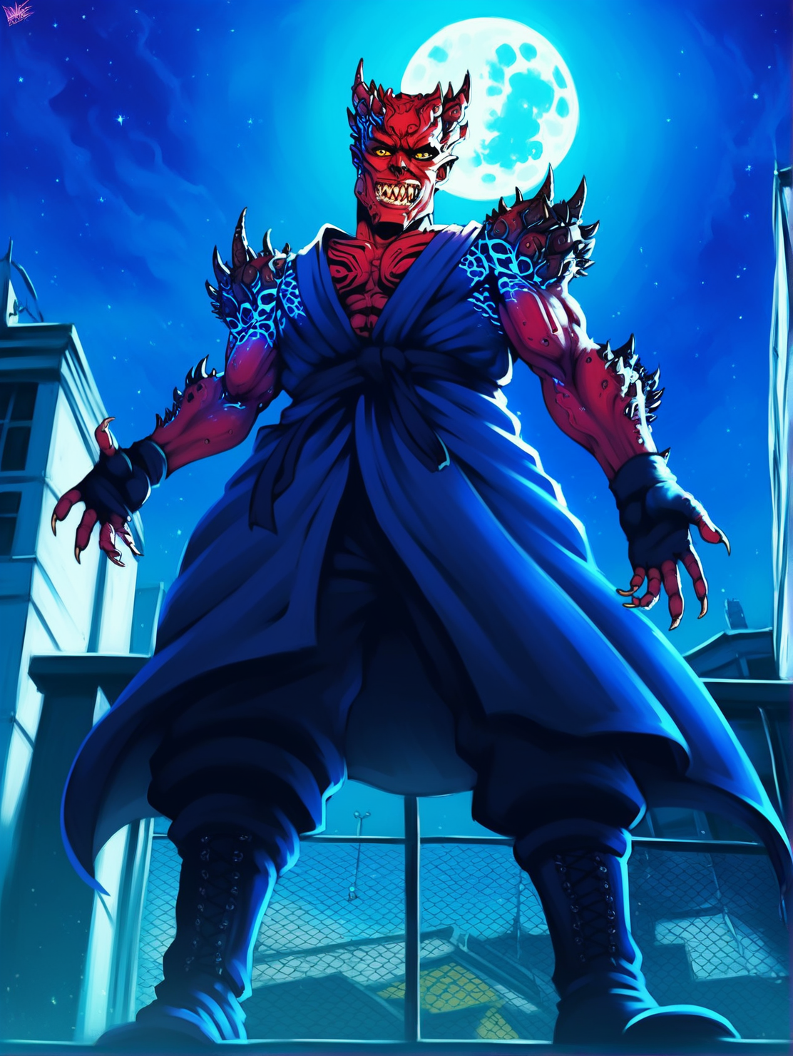 <lora:BladeDrakePonyv1:1>, score_9, score_8_up, score_7_up, high quality, best quality, hdr, uhd, 4k, masterpiece, bladedrakeponyv1, solo, spikes, colored skin, red skin, 1boy, rough skin, horns, teeth, monster, sharp teeth, glowing skin pattern, yellow eyes, ((night, moon)), dark, standing, standing on a roof's edge, full body, ((full body black cloack, black cloack, robes,)) <lora:Sinozick_Style_XL_Pony:0.8> sinozick style, flat color, dark theme, low angle view, looking down, looking at viewer, ((low angle view))