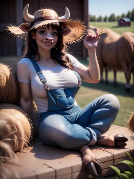 score_9, score_8_up, score_7_up, score_6_up, score_5_up, score_4_up,
<lora:cow-ponyxl-v1:1>, c0wg1rl, (brown fur:1.3),
<lora:bigeyes-ponyxl-v1:0.5>, b1g3y3s,
a beautiful woman, laying down, farm, straw, black hair, hooves, overalls, straw hat, human face, white shirt, sexy pose, big breasts, skinny, barefoot, cow ears, cow nose, smiling, touching hair, ultra realistic, (high quality, detailed, beautiful), detailed beautiful eyes, realistic, outstanding,
<lora:add-detail-xl:0.7> <lora:xl_more_art-full_v1:0.1>