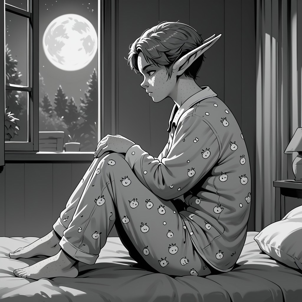 score_9, score_8_up, score_7_up, monochrome, solo, freckles, 1girl, from side,  elf, dynamic, night, shaded face, unconspelf, greyscale, looking to the side, short hair, sitting, pajamas, full body, bedroom, freckles