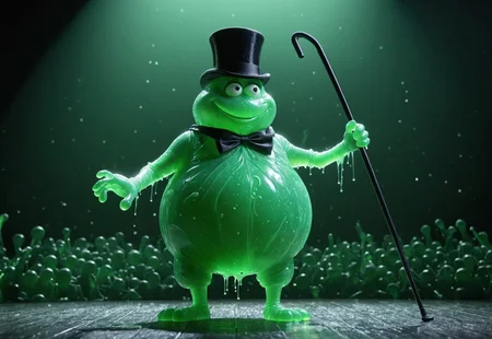Close-up , Cinematic move film still of CGI translucent green blob with arms and legs wearing a top hat and holding a black cane, of Slim dancing in a thearter stage show spotlight from the Flubber movie, , 4k , 8k , UHD