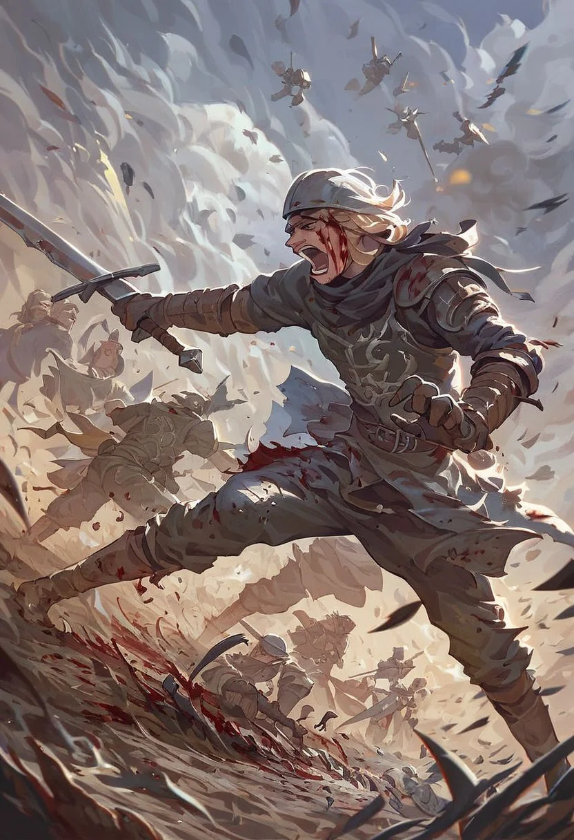 score_9, score_8_up, score_7_up, men, 1boy, charging across battlefield, war, fantasy, fantasy, great sword, in a mud covered field, medieval, dark fantasy themes, siege, battle, injury, yelling, honor, knights, epic battle, smoke, fire, catapult, crowd, blood, dirt, side view, charging