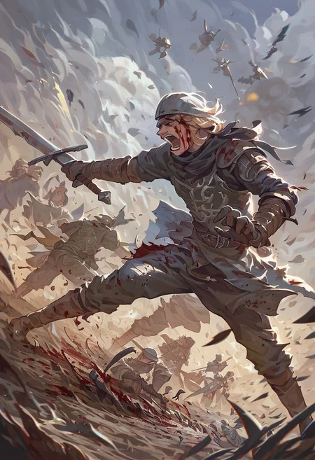score_9, score_8_up, score_7_up, men, 1boy, charging across battlefield, war, fantasy, fantasy, great sword, in a mud covered field, medieval, dark fantasy themes, siege, battle, injury, yelling, honor, knights, epic battle,  smoke, fire, catapult, crowd, blood, dirt, side view, charging