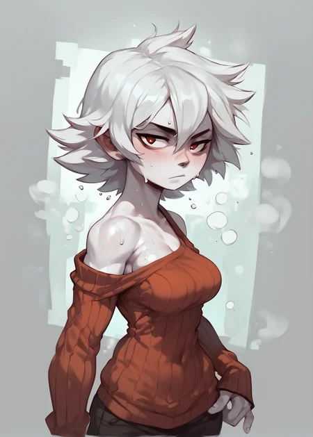 white skins, spiky red short tomboy hair, neutral expression, tight sweater, <lora:NAHIRI:1> nahiri, 1girl, solo, short hair, breasts, bare shoulders, white hair, colored skin, side boob, sweaty, underbob <lora:Huffslove_Style_PonyXL:1> shortstack,, source_anime, score_9_up, score_7_up, score_8_up