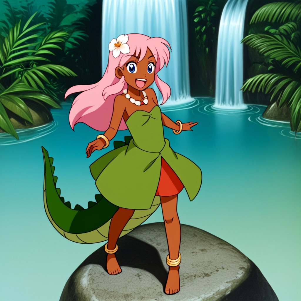 Tick tock crocodile,male animal focus,tail, crocodile open large mouth ,green skin, blue eyes, Tick Tock the crocodile is giant and very huge size,teeth, swimming in water,partially submerged,Tick Tock the crocodile looking at a young girl who she is standing on rock cliff. Little_Girl_anime_manga,long hair,pink hair, dark-skinned female,the girl her very smal size, purple eyes, ancient tropical_clothe, chest_band,red very long_dress, jewelry, dark skin, smile, necklace,hair flower, bracelet, anklet, barefoot,open mouth,river,palm trees, jungle, Disney, waterfall,anime, manga