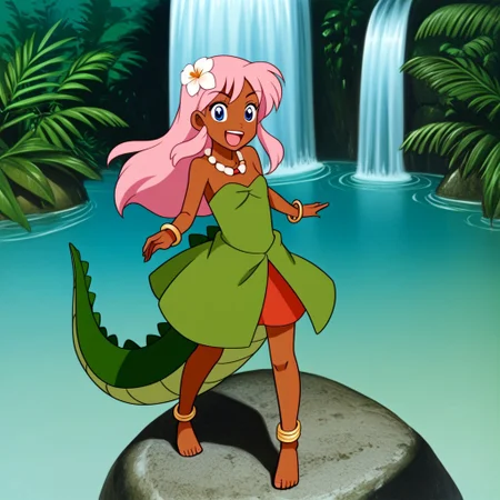 Tick tock crocodile,male animal focus,tail, crocodile open large mouth ,green skin, blue eyes, Tick Tock the crocodile is giant and very huge size,teeth, swimming in water,partially submerged,Tick Tock the crocodile looking at a young girl who she is standing on rock cliff. Little_Girl_anime_manga,long hair,pink hair, dark-skinned female,the girl her very smal size, purple eyes, ancient tropical_clothe, chest_band,red very long_dress, jewelry, dark skin, smile, necklace,hair flower, bracelet, anklet, barefoot,open mouth,river,palm trees, jungle, Disney, waterfall,anime, manga
