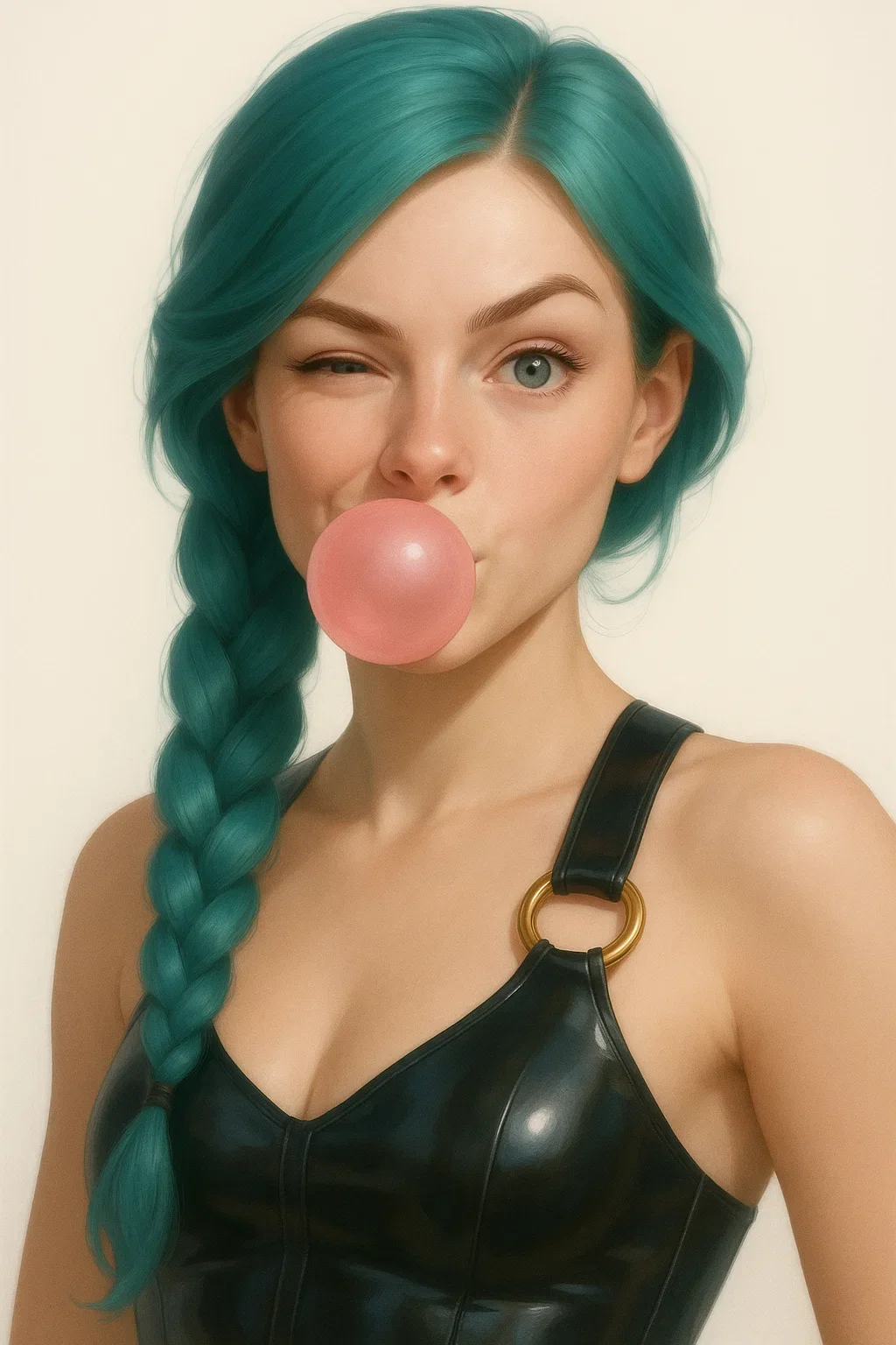 confident female with vivid turquoise braid and bubblegum, soft porcelain skin, leather-like black harness top with gold metal rings, bubblegum mid-pop, cheeky expression, white background, slight body twist
