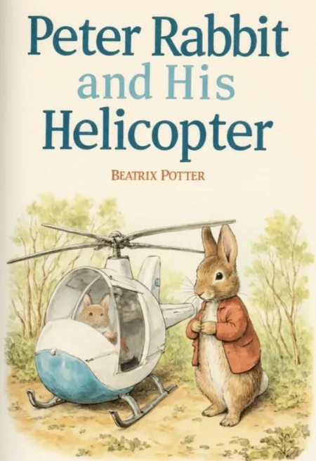 Book cover. Title of book in big letters says - "Peter Rabbit and His Helicopter". The book cover shows sole male rabbit near helicopter. Author - "Beatrix Potter". BPStyle, drawing., <lora:Beatrix_Potter_drawing_style_for_FLUX:1>