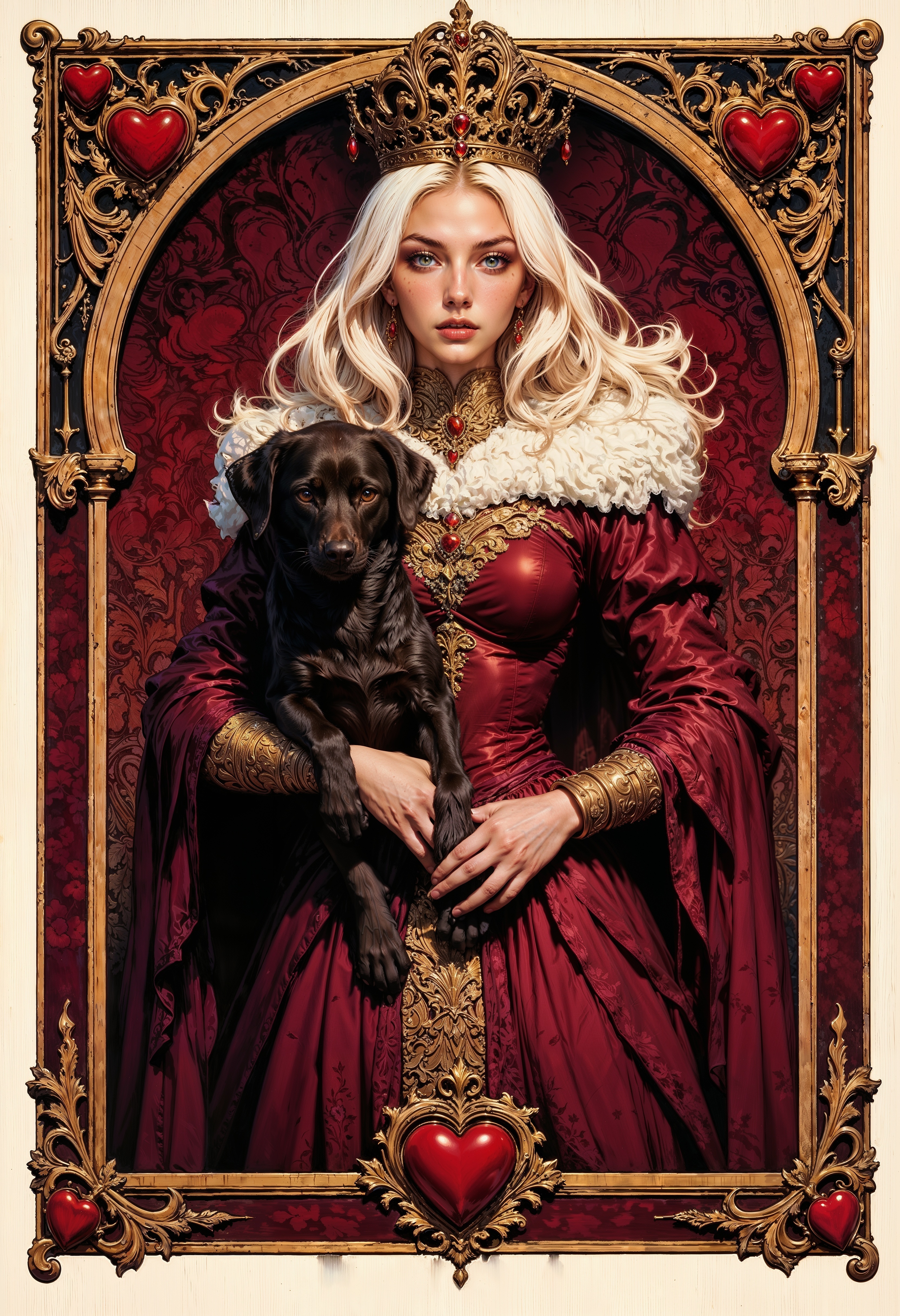 A queen of hearts card, where the style is dark Burgundy Budouir. The queen is blonde, with dark lipstick. A dark brown labrador is also present in the card. The labrador is cute. The woman is pretty and proud. The hearts are burgundy, not red. The rest of the card deck is shown in a pattern in the queens burgundy and gold dress. <lora:FluxMythG0thicL1nes:0.6> <lora:FluxMythR3alisticF:0.5> <lora:FluxMythR3tr0Style:0.6> <lora:OB半写实肖像画V2.0:0.6>
