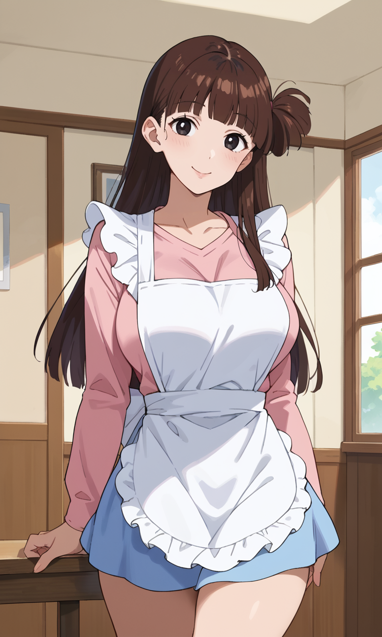 (1girl:1.5), (solo:1.3), (score_9, score_8_up, score_7_up, score_6_up, score_5_up, score_4_up), (source_anime), rating_questionable, looking at viewer, (cowboy shot:1.3), smile, indoors, room, standing, dancing, 
(sakurada-moeko), (black eyes, eyelashes, brown hair, long hair, parody hair, voluminous bangs, fluffy bangs, mature female), (white frilled apron, full cover apron, pink shirt, long sleeves, light blue skirt), (huge breasts, wide hips, thick thighs), <lora:sakurada-moeko_v1:0.7>,
