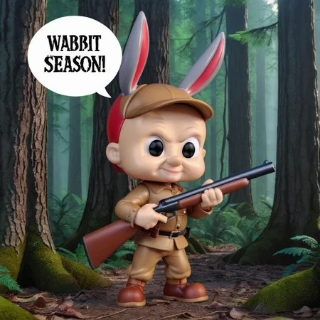 hilarious ukj, photorealistic, funko, in the forest with his shotgun, sign with text says "Wabbit Season", 8k, uhd <lora:sdxl_elmer_ukj_v10-000007:0.7>