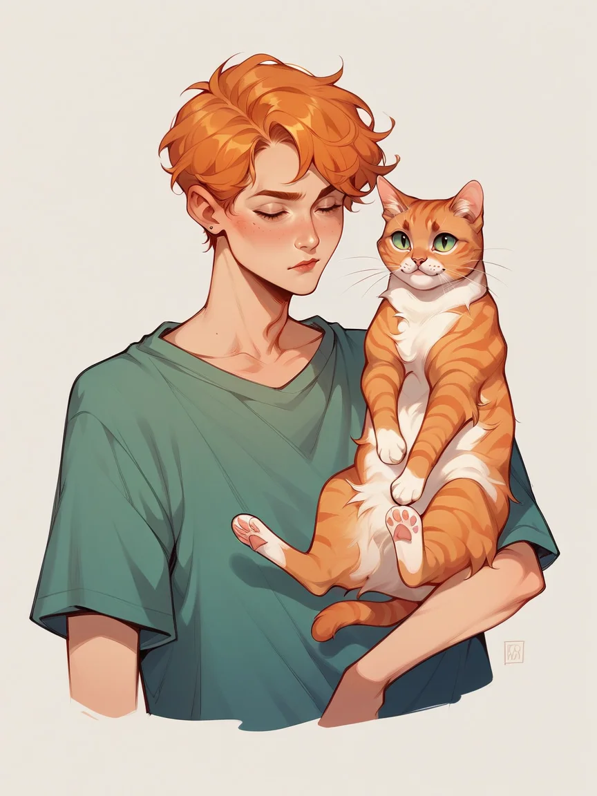 score_9, score_8_up, score_7_up, score_6_up, score_5_up,  <lora:p3tl0v3XLP:1> p3tl0v3, 1boy, cat,  <lora:c4tsXLP:0.3> c4ts, orange tabby