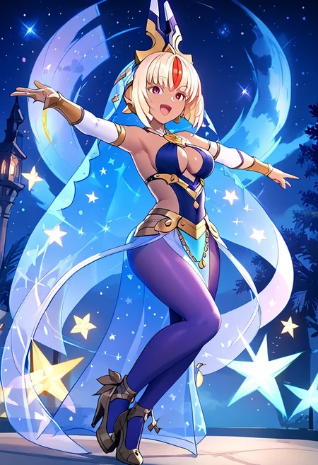 score_4,score_5,score_6,score_7_up,score_8_up,score_9 ((masterpiece,best quality,ultra detailed,highres,HD,4k:1.2)), 
1 girl,solo,face focus,
Luxia,dark skin,dark-skinned femalemulticolored hair,blonde hair,short hair,bob cut,sidelocks,hair ornament,head ornament,red eyes,large breast,
cleavage,bare shoulders,dancer outfit,harem outfit,Purple tights,pelvic curtain,veil,jewelry,Elbow gloves,high heels,
outdoors,night,stars,Open your arms,open mouth, singing,
smile,.blush,light smile,