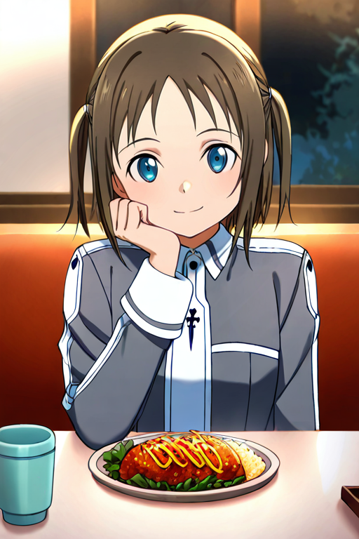 masterpiece, High quality, Ultra detailed, 2d, newest, absurdres, highres, BREAK
1girl, solo, <lora:ronye_arabel:0.8>, ronye_arabel_(sword_art_online), short hair, brown hair, two side up, blue eyes, 
ronyeDef, long sleeves, school uniform, grey jacket, necktie, grey skirt, pleated skirt, zettai ryouiki, black thighhighs, 
pov across table, pov dating, restaurant, table, meal, care, cup, head rest, smile, elbow on table, food, elbow rest,