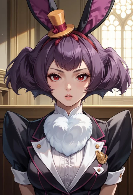 anime artwork, score_9, score_8_up, score_7_up, score_6_up, score_5_up, solo, perfect eyes, detailed eyes, beautiful female, detailed face, dynamics lines, 20 year old, perfect beautiful face, long eyelashes, sharp eyes pupils, (inside the palace:1.3), (upper body:1.5), medium breasts, (front view:1.2), 1 girl, purple hair, twintails, short hair red eyes, rabbit ears, top hat,