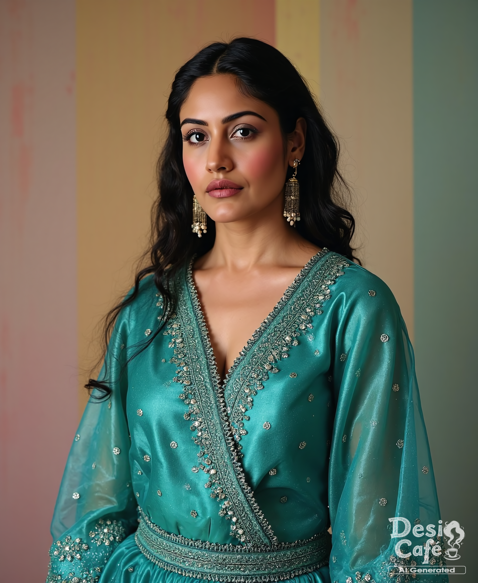 black and white photo of Surabhi Chandna woman, hyper realistic photo that is safe for work, serious, studio quality image with natural colors, well dressed wearing intricate long sleeved Teal Anarkali Suit, hair styled as  90s blowout,muted pastel shaded multicolored background that contrasts with the person, cinematic lighting,âââââ âââ  <lora:Surbhi_Chandna_Flux_Kohya_V1:1>âââ