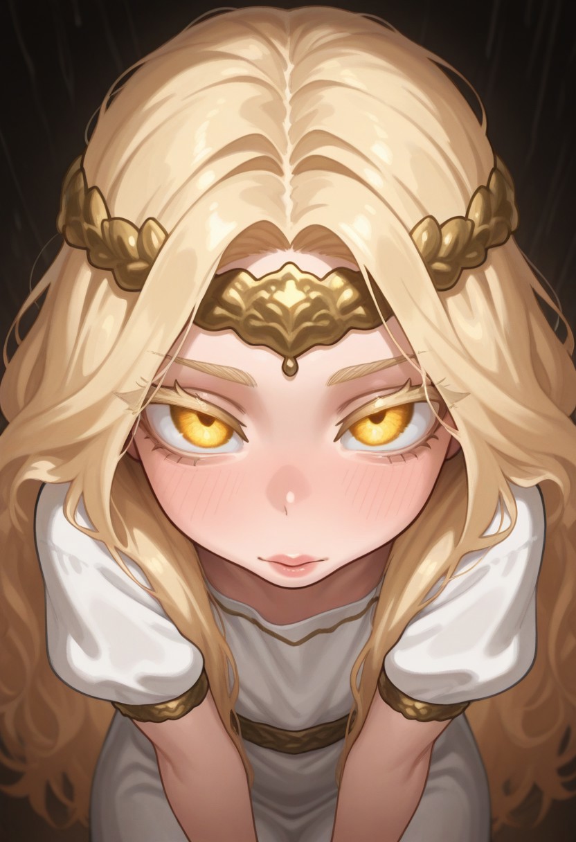 masterpiece, best quality, amazing quality, very aesthetic, absurdres,(miquella),solo,blonde hair,gold diadem,white robe,gold armlet,gold,belt,puffy short sleeves, long hair, kissing,kissing at Viewer,lips, pov,close View,looking at Viewer,colored eyelashes,long yellow eyes, glowing eyes,